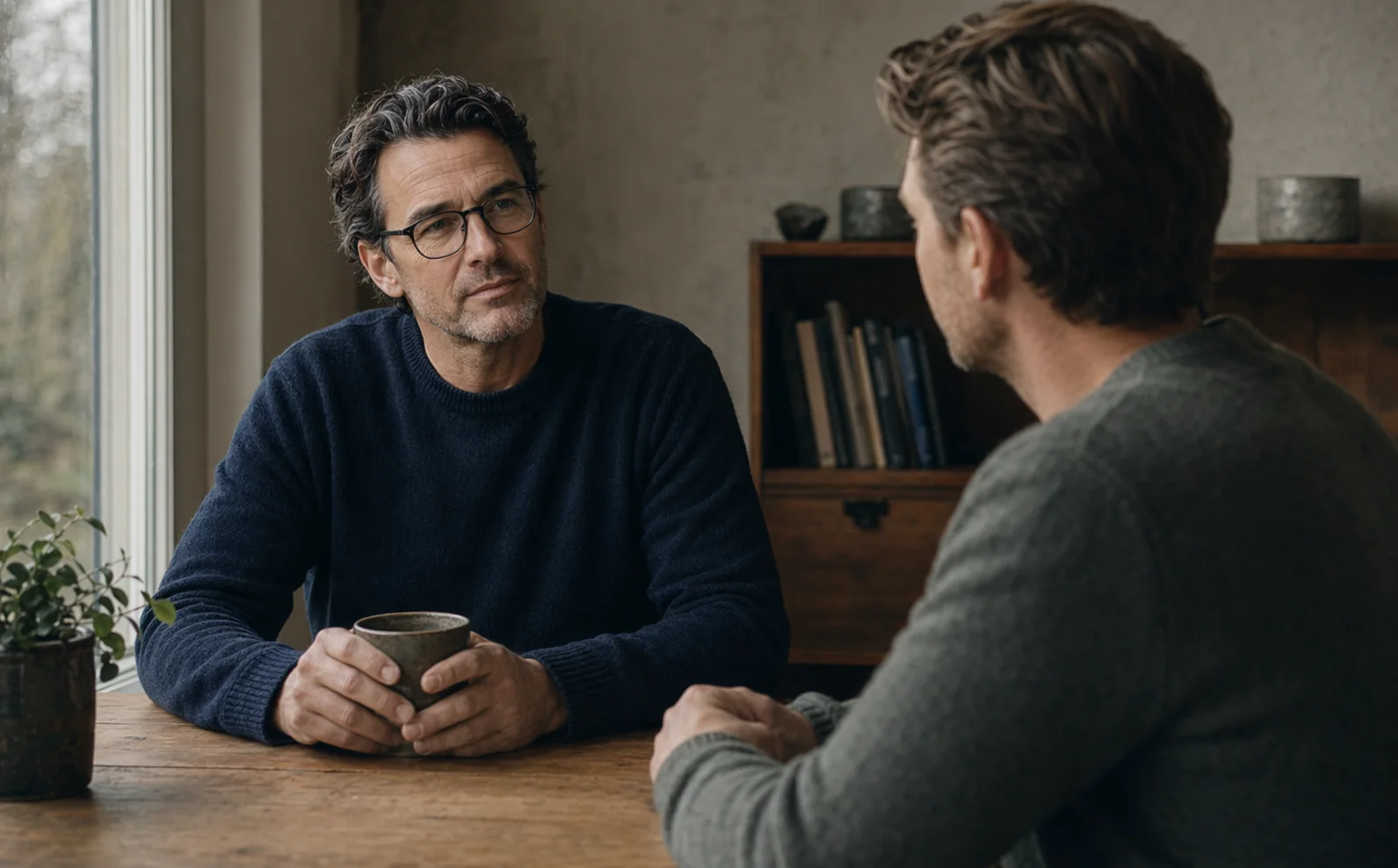 1-op-1 gesprek tussen coach en medewerker aan tafel